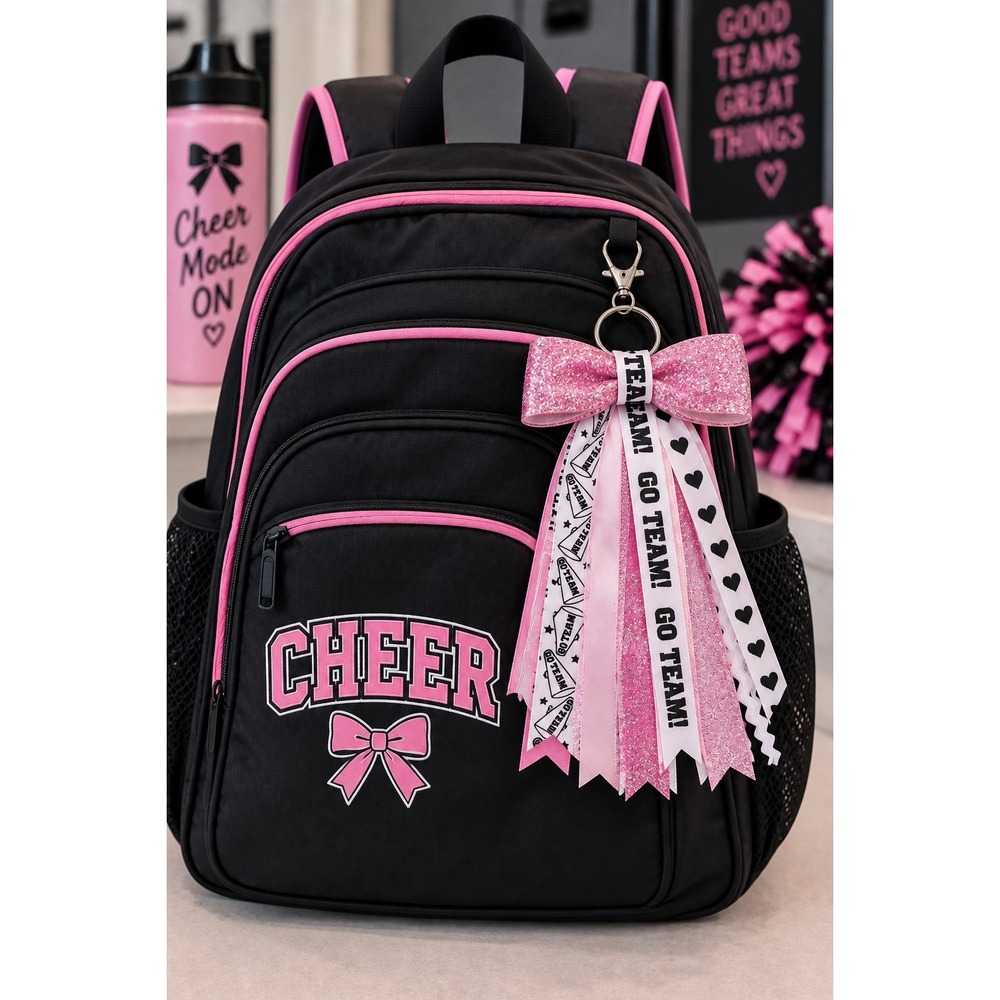 Pink Cheerleading Ribbon Keychain Go Team Glitter Bow Bag Charm Accessory